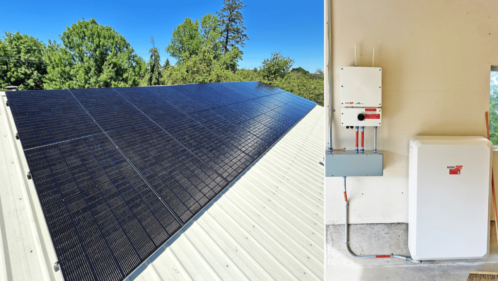 solar panels and battery backup on metal garage roof in Dayton, Oregon