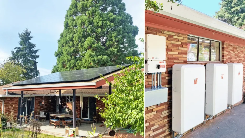 Rooftop solar panels on porch awning structure and battery backup for home in Milwaukie, Oregon