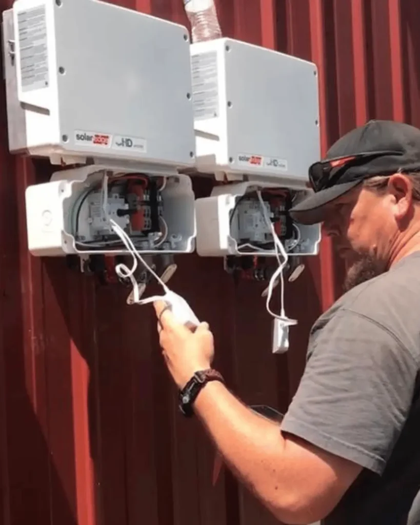 Electrician working on wiring and communications at inverter for solar panel installation