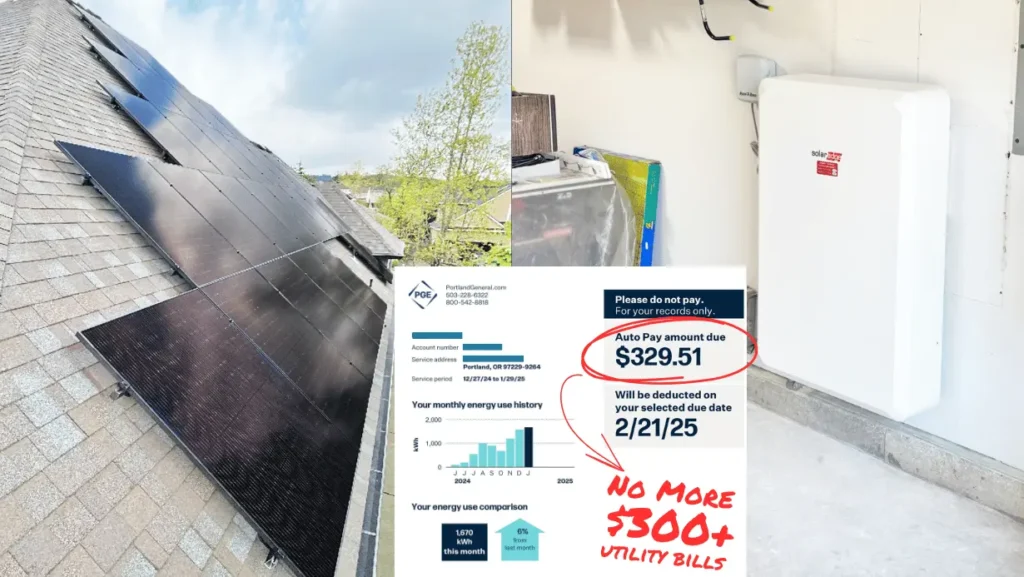 Rooftop solar panels and battery backup on home in Portland, Oregon saving family thousands of dollars.